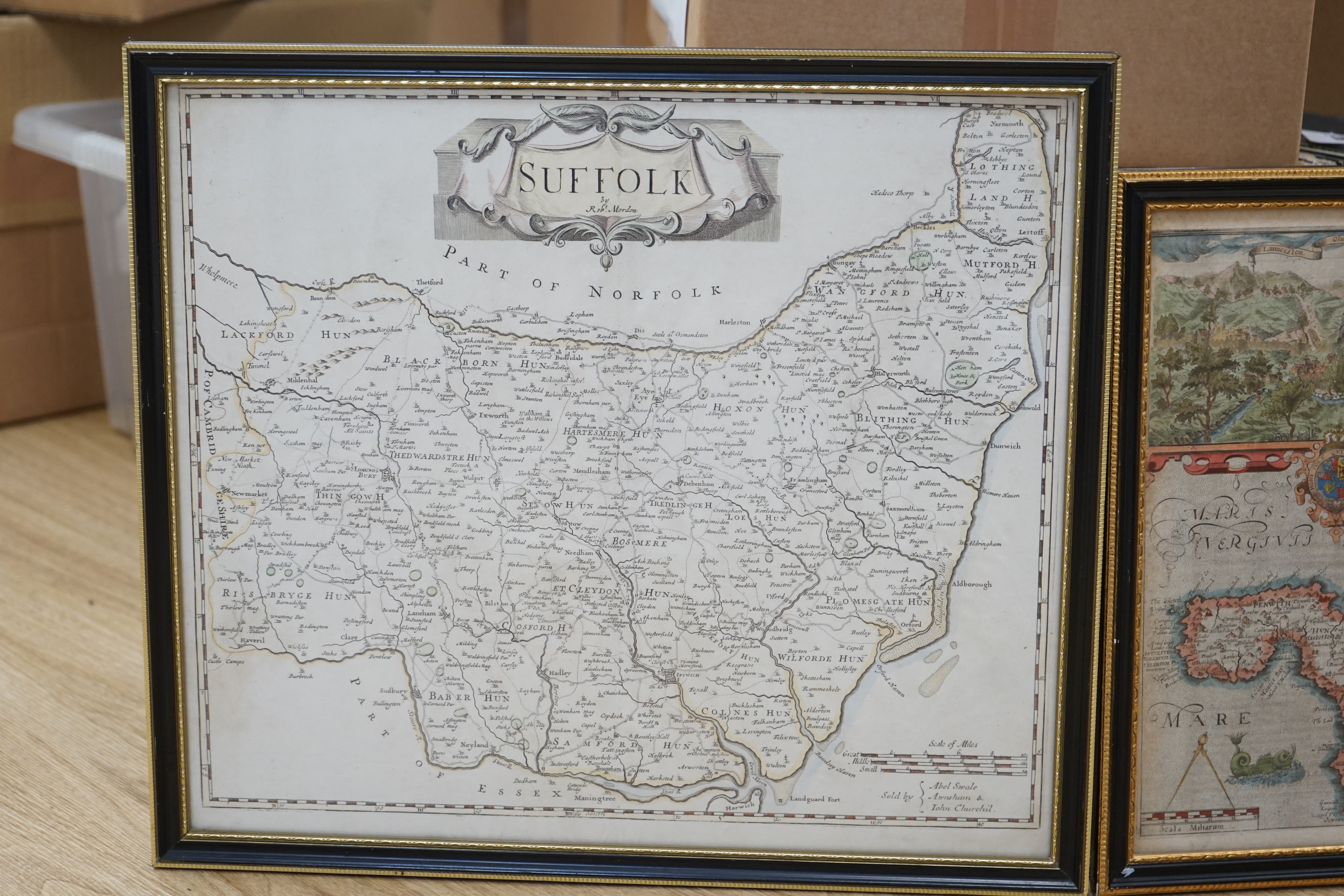 William Kip, after Christopher Saxton (c.1540-c.1610), hand coloured Map of Cornwall, text verso, together with a Map of Suffolk by Robert Morden (1650-1703) largest 37.5 x 43cm